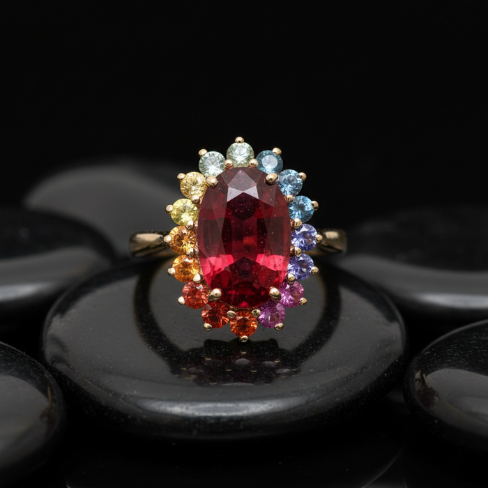 Rainbow Gemstone & Ruby 14K Gold Ring
