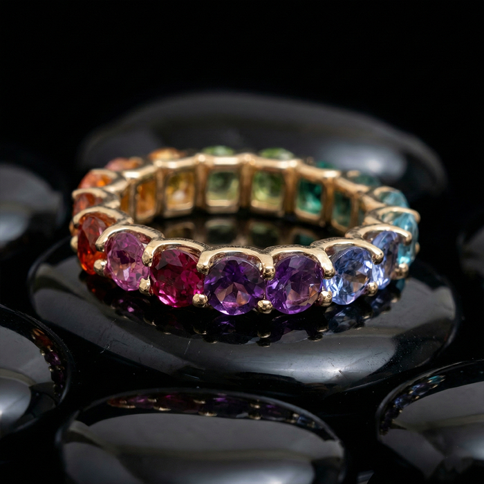 Gleaming Rainbow Sapphire 14K Gold Eternity Ring
