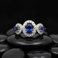 Triple Blue Sapphire 14K White Gold (18K Custom) Diamond Halo Ring
