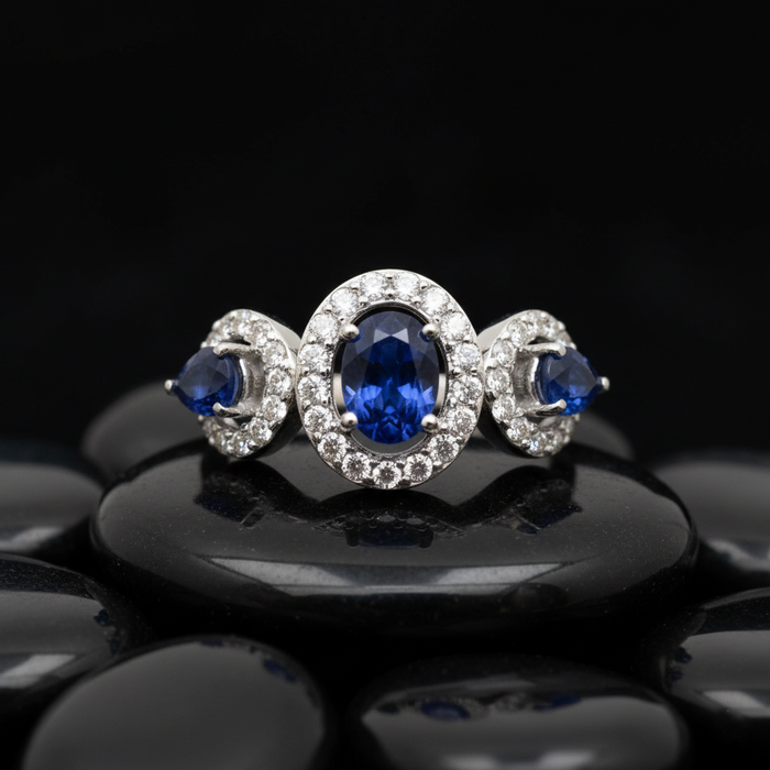 Triple Blue Sapphire Diamond Halo Ring in 14K White Gold