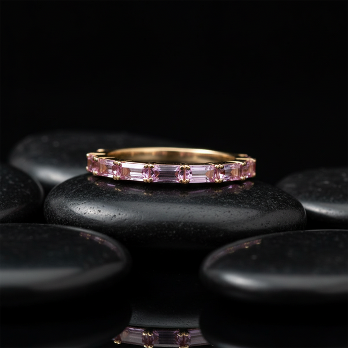 Chic Baguette Pink Sapphire 14K Gold Band Ring