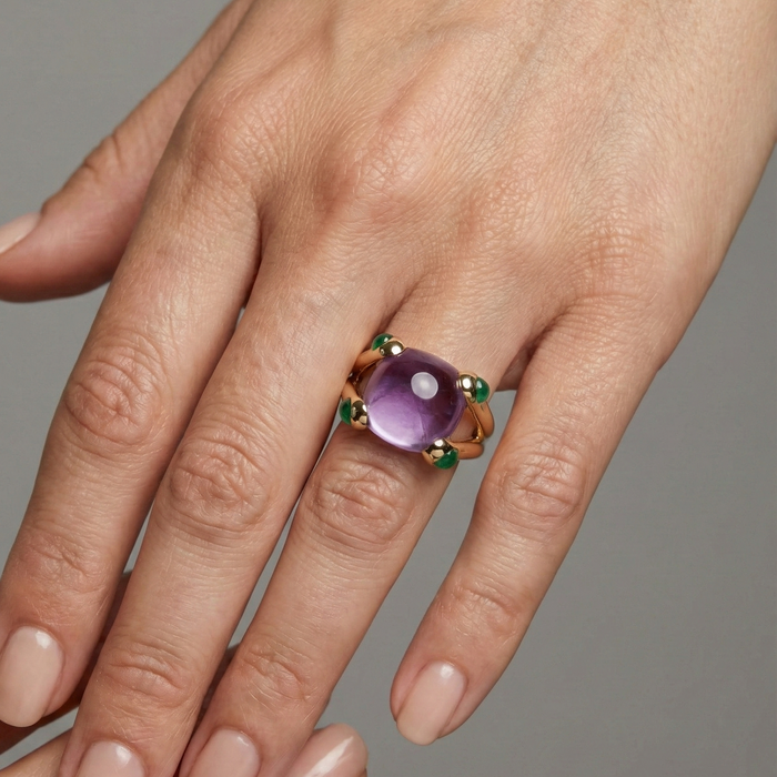 Lavender Chalcedony 14K Emerald Accent Cushion Ring
