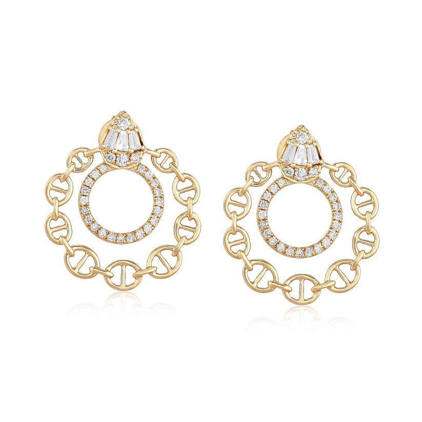 Chain Circle Diamond Statement Earrings in 14K Yellow Gold