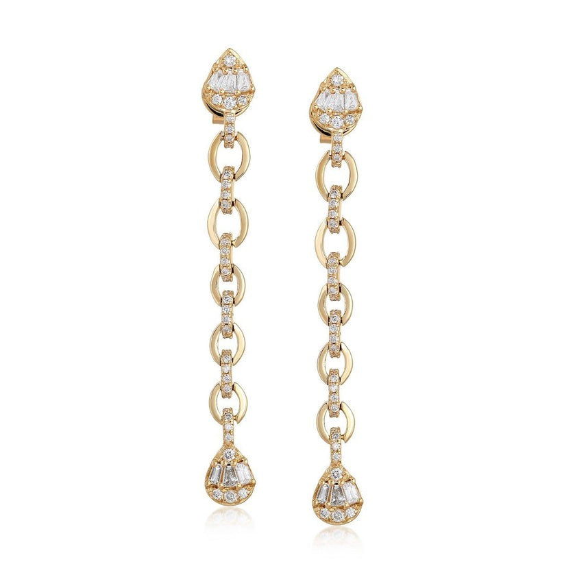 Teardrop Chain Link 14K (or 18k upon request) Yellow Gold Diamond Drop Earrings