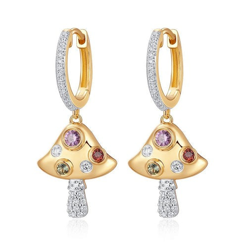 Multi Gemstone Diamond Mushroom Drop Earrings in 14K Yellow Gold