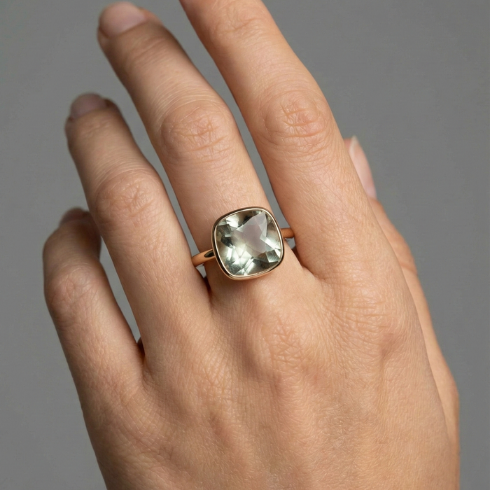 Green Amethyst Cushion Cut 14K Gold Ring