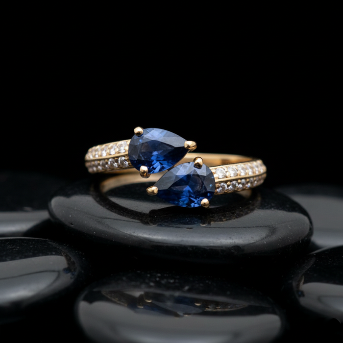 Dual Pear Blue Sapphire 14K Diamond Open Band Ring