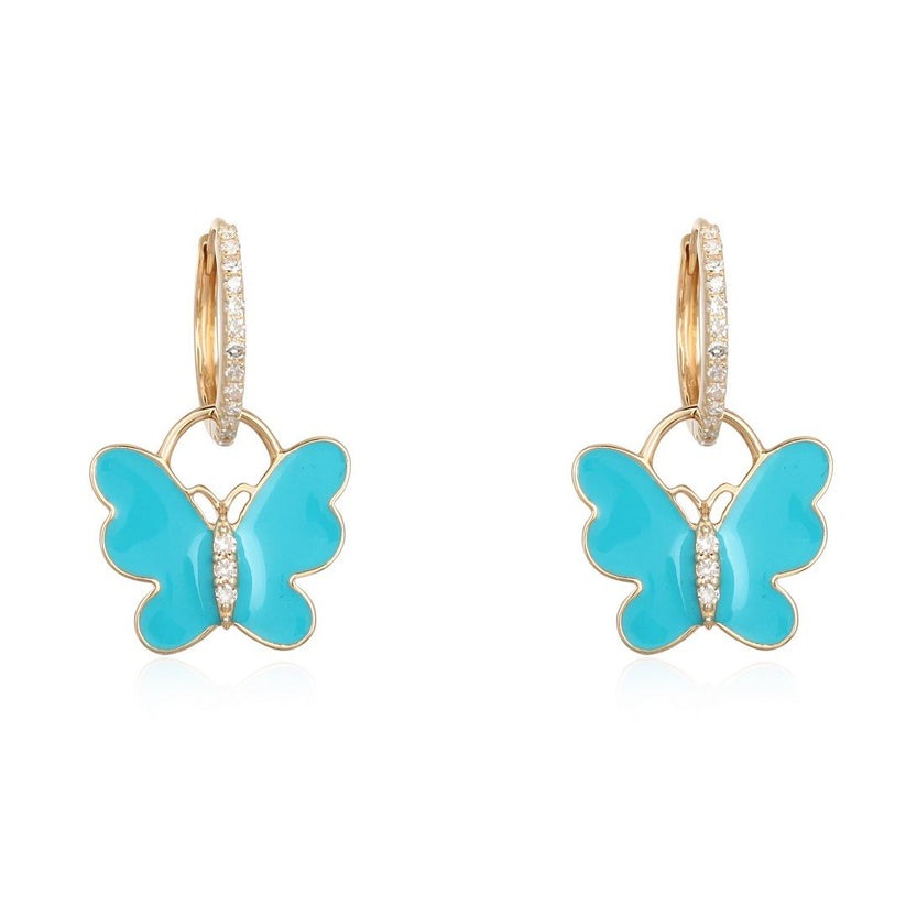 Turquoise Butterfly Diamond Drop Earrings in 14K Yellow Gold