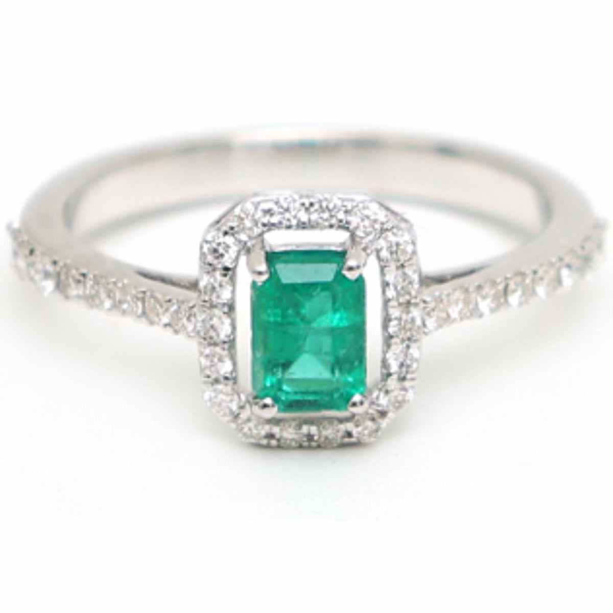 Emerald Poise Diamond Halo Ring in 18K White Gold