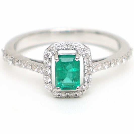 Emerald Poise Diamond Halo Ring in 18K White Gold