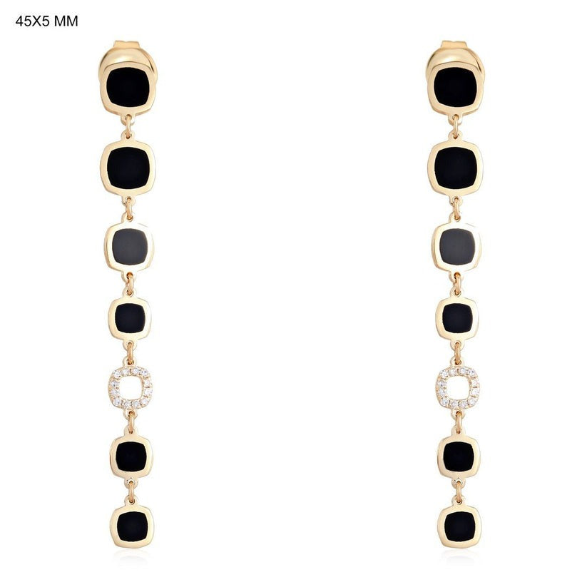Diamond Black Enamel Drop Earrings in 14K Yellow Gold