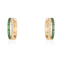 Double Row Emerald Diamond Huggie Hoops in 14K Yellow Gold