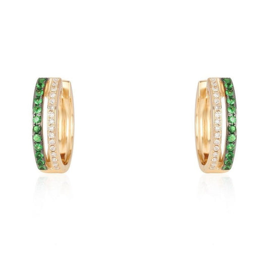 Double Row Emerald Diamond Huggie Hoops in 14K Yellow Gold