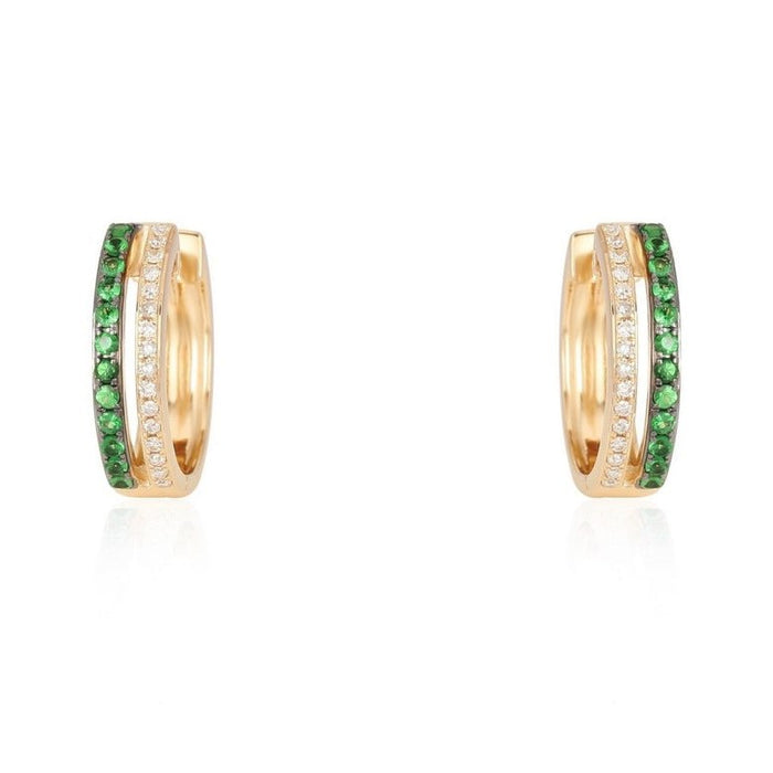 Double Row Emerald Diamond Huggie Hoops in 14K Yellow Gold