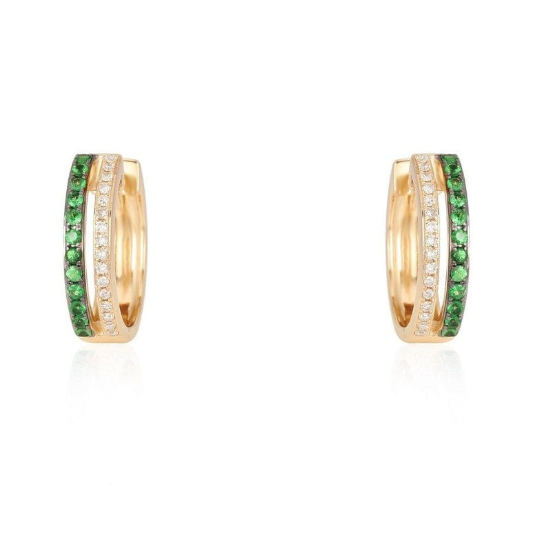 Double Row Emerald Diamond Huggie Hoops in 14K Yellow Gold