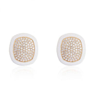 White Enamel Cushion Diamond Pave Stud Earrings in 14K Yellow Gold