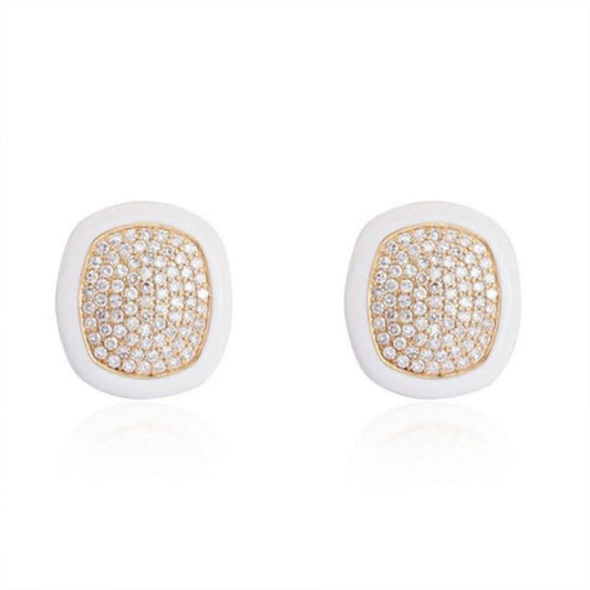 White Enamel Cushion Diamond Pave Stud Earrings in 14K Yellow Gold