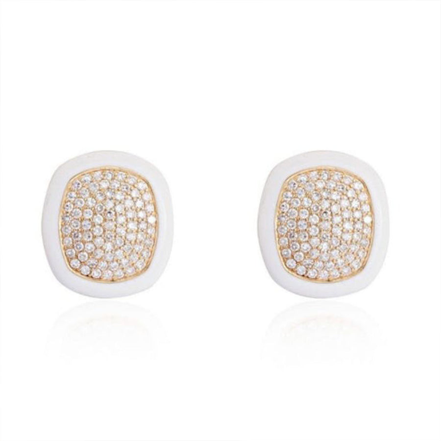 White Enamel Cushion Diamond Pave Stud Earrings in 14K Yellow Gold
