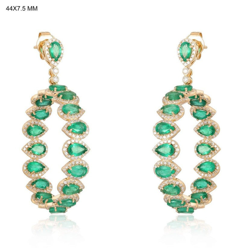 Pear Emerald 14K Yellow Gold Oval Hoop Earrings