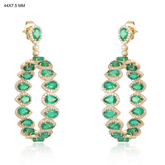 Pear Emerald 14K Yellow Gold Oval Hoop Earrings