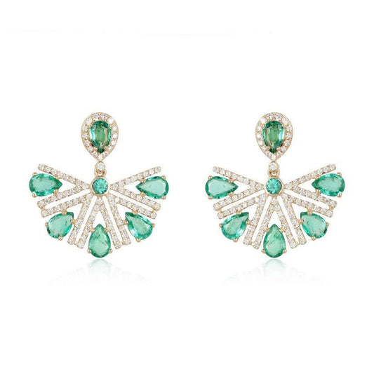 Radiant Fan Emerald Diamond Drop Earrings in 14K Yellow Gold