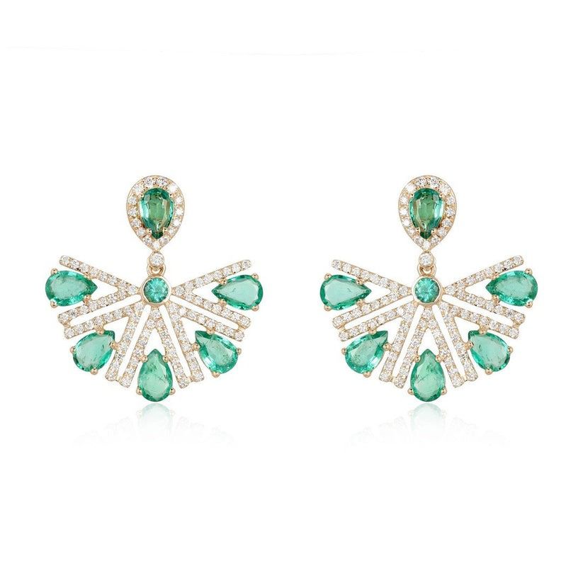 Radiant Fan Emerald Diamond Drop Earrings in 14K Yellow Gold
