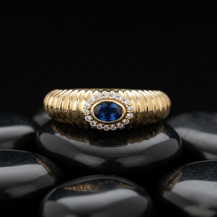 Deep Oval-Cut Blue Sapphire 14K Diamond Halo Ring