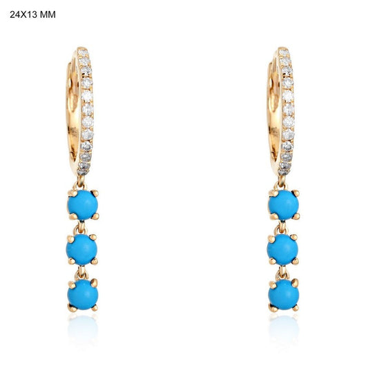 Turquoise Trio Drop Diamond Huggie Hoop Earrings in 14K Yellow Gold