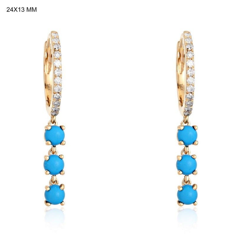 Turquoise Trio Drop Diamond Huggie Hoop Earrings in 14K Yellow Gold
