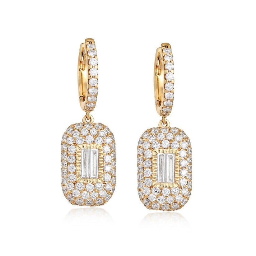 Baguette Round Cut Rectangle Drop Earrings in 14K Gold