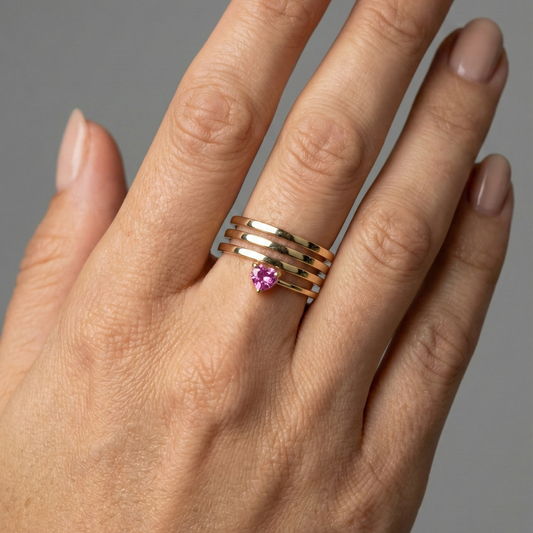 Pink Sapphire Heart Accent 14K Gold Stacked Band Ring