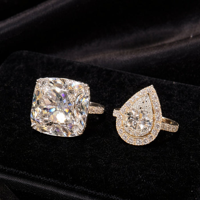 Luxury Diamond 14K (18K Custom) White Gold Duo Cushion Cut & Pear Halo Rings
