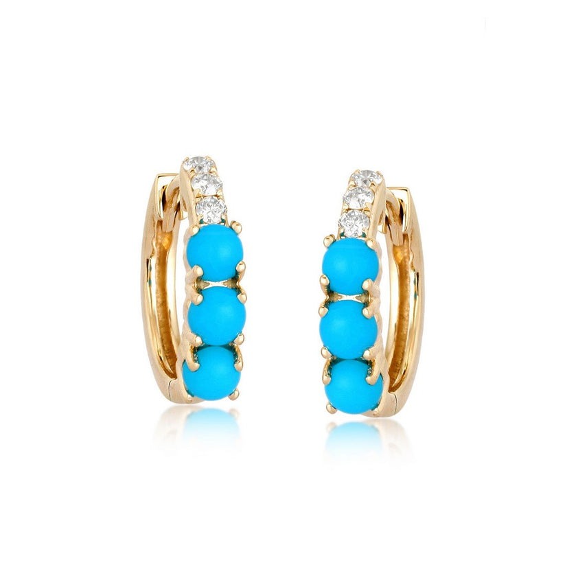 Turquoise Diamond Huggies Earrings in 14K Yellow Gold