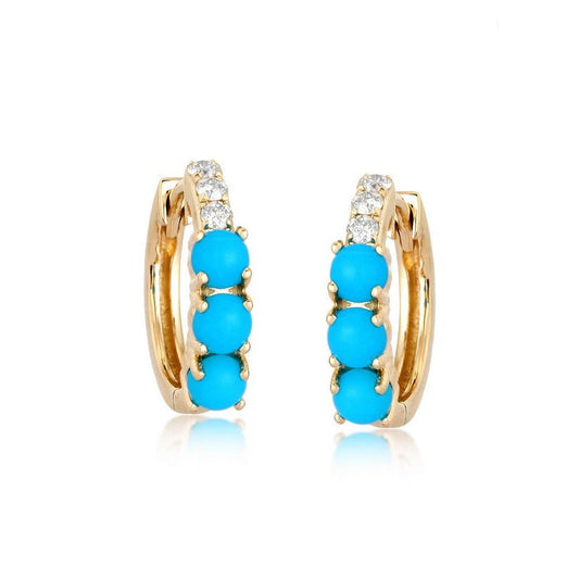 Turquoise Diamond Huggies Earrings in 14K Yellow Gold