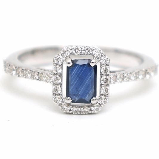 Midnight Elegance Blue Sapphire Halo Ring in 18K White Gold