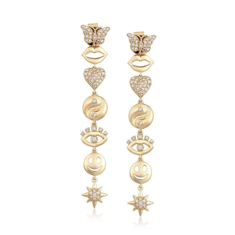 Whimsical Pave Detailing Symbol Drop Earrings in 14K Yellow Gold