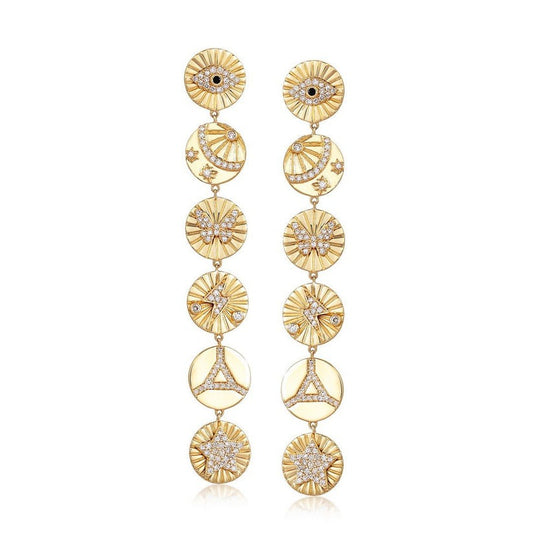 Celestial Medallion Charm Drop Earrings in 14K Yellow Gold