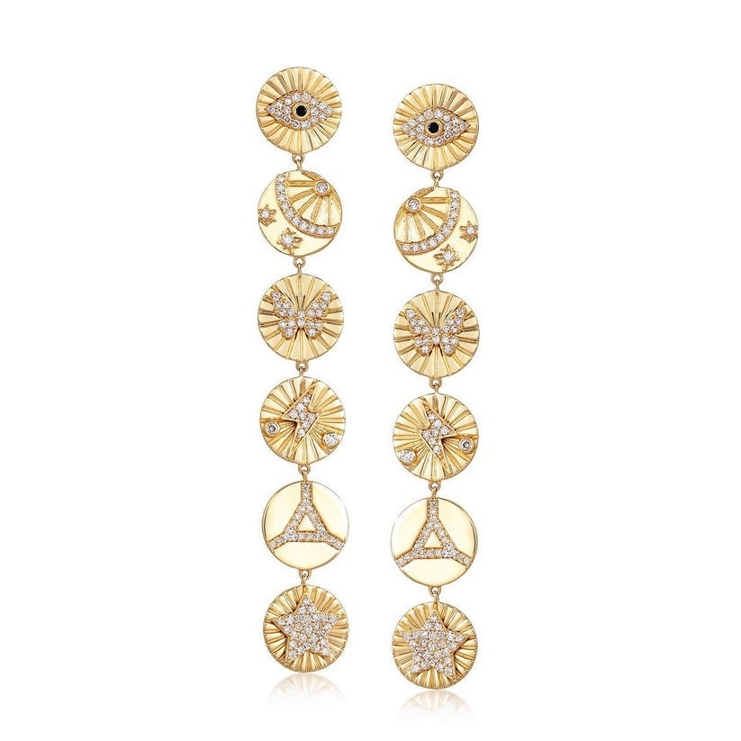 Celestial Medallion Charm Drop Earrings in 14K Yellow Gold
