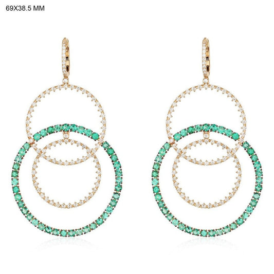 Triple Hoop Emerald Diamond Drop Earrings in 14K Yellow Gold