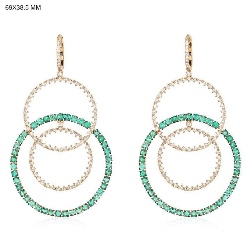 Triple Hoop Emerald Diamond Drop Earrings in 14K Yellow Gold