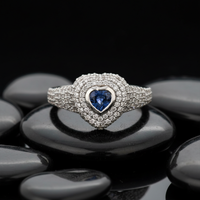 Heart Blue Sapphire Diamond Halo Ring in 14K White Gold