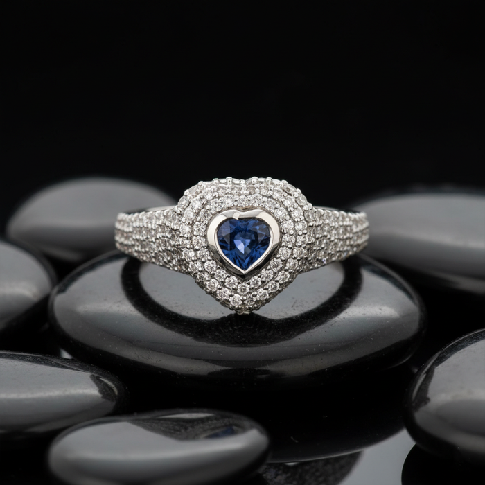 Heart Blue Sapphire Diamond Halo Ring in 14K White Gold