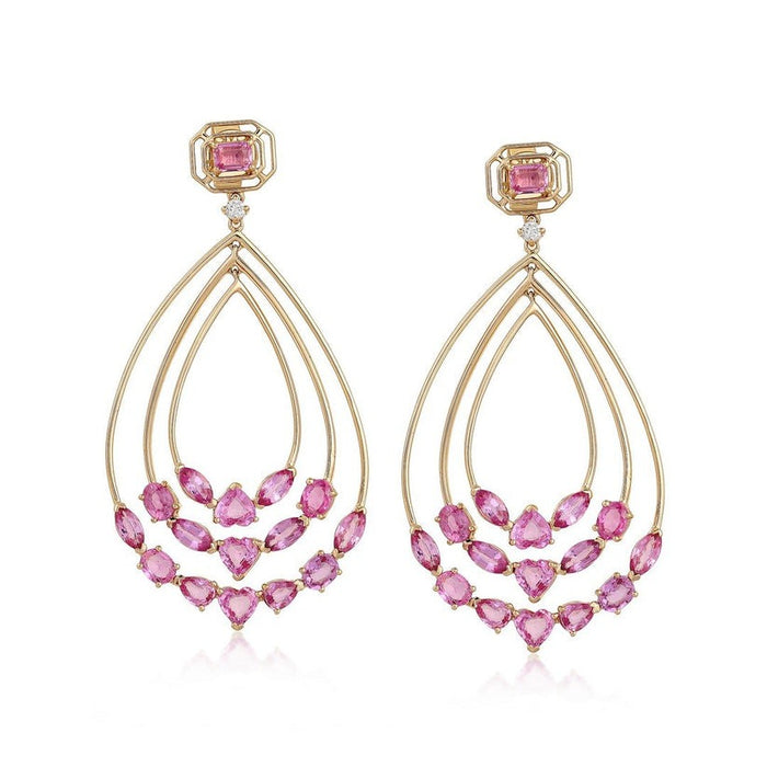 Pink Sapphire Teardrop Chandelier Earrings in 14K Yellow Gold
