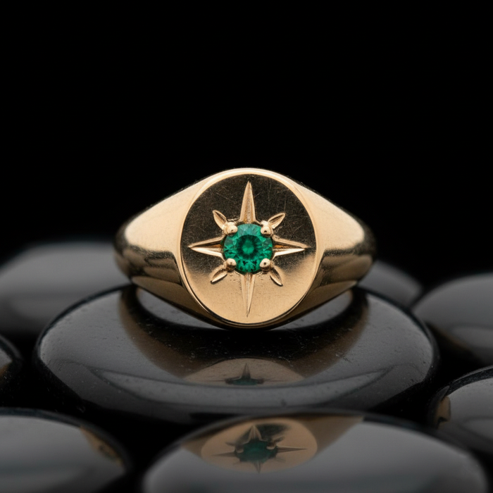 Emerald Compass 14K Gold Signet Ring