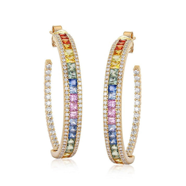 Multi-Sapphire Diamond Hoop Earrings in 14K Yellow Gold