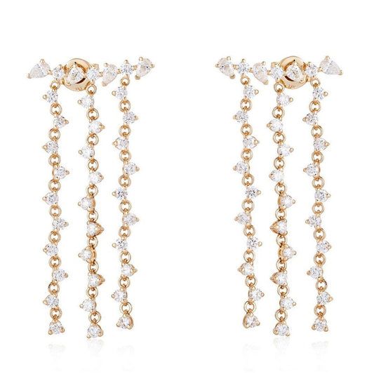 Triple Diamond Drop Chain Earrings in 14K Yellow Gold