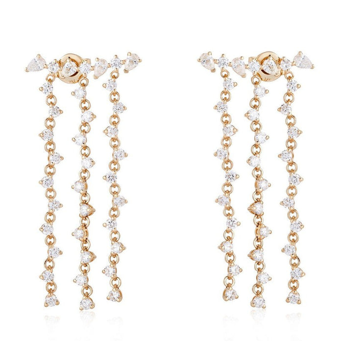Triple Diamond Drop Chain Earrings in 14K Yellow Gold