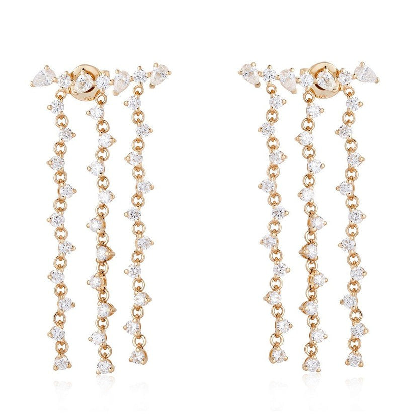 Triple Diamond Drop Chain Earrings in 14K Yellow Gold