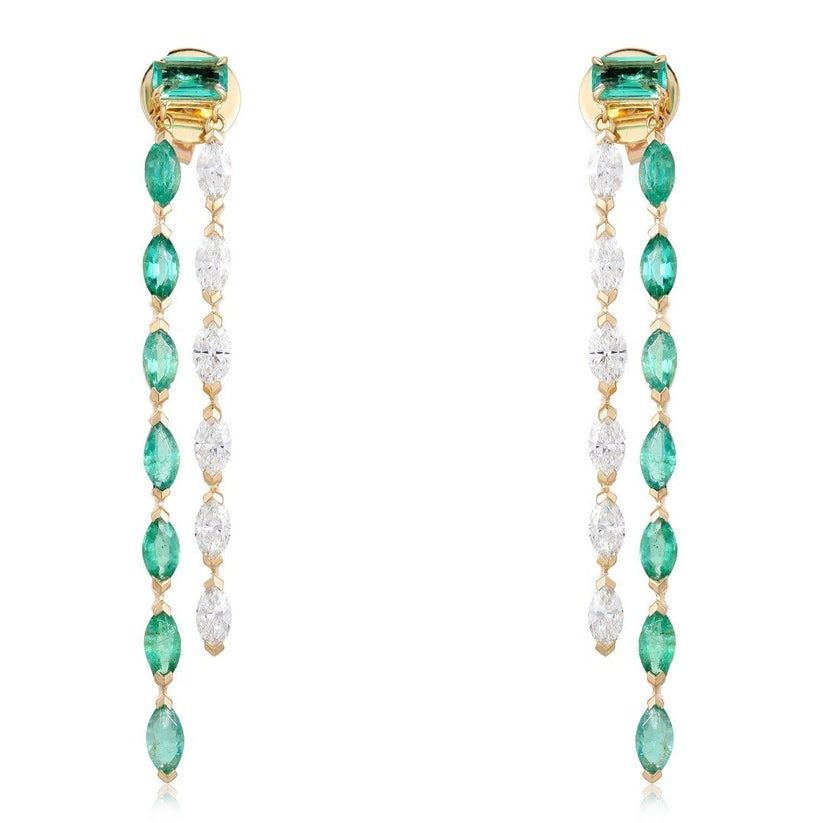 Emerald Cut Dual Strand Drop Earrings in 14K Yellow Gold