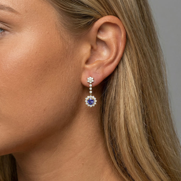 Blue Sapphire Halo Drop Earrings in 14K Yellow Gold